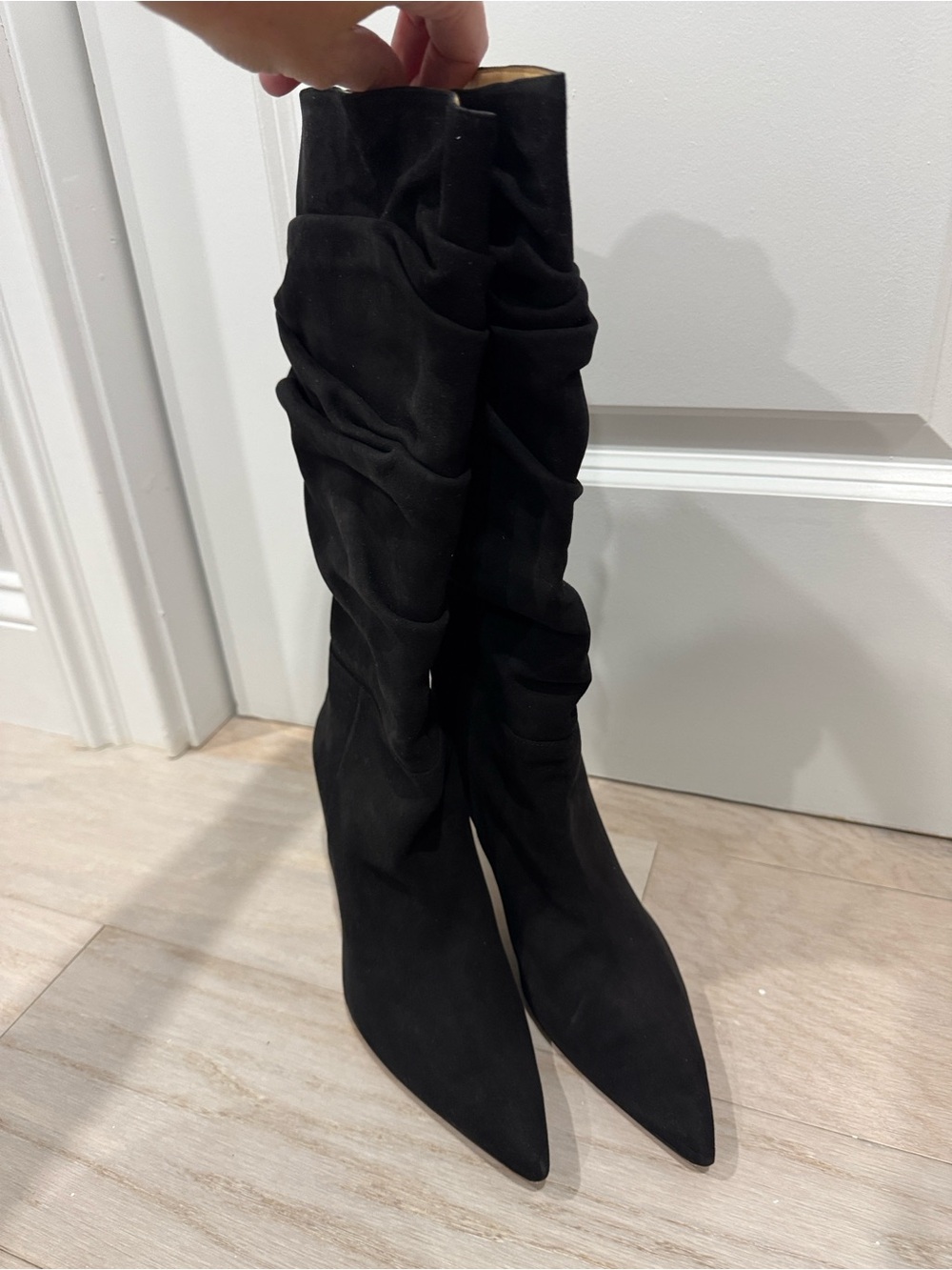 Alexandre Birman Lucy Black Suede Slouchy Pointed-Toe Knee Heeled Boots